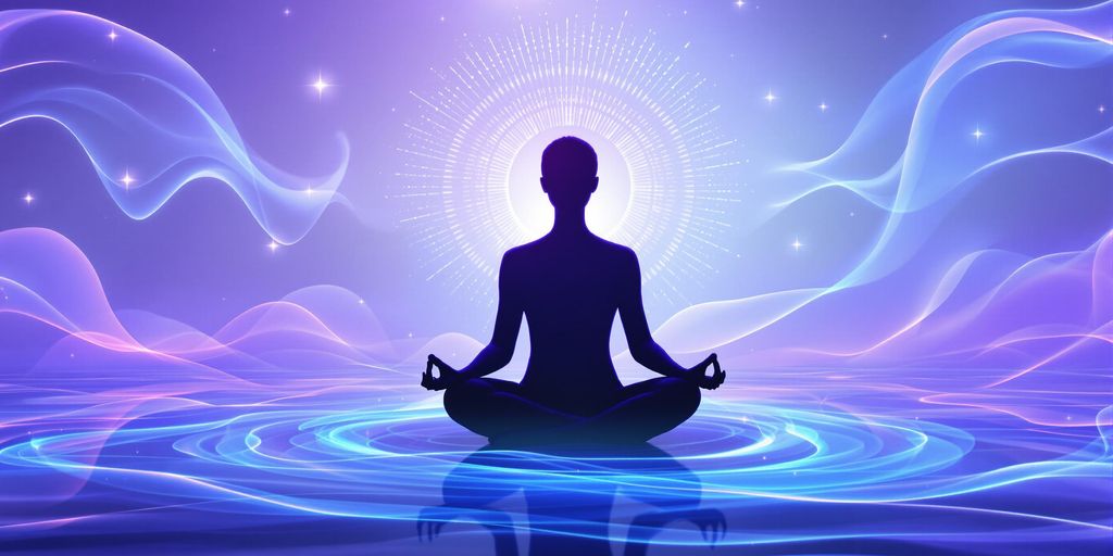 Meditation scene with calming lights and theta waves.