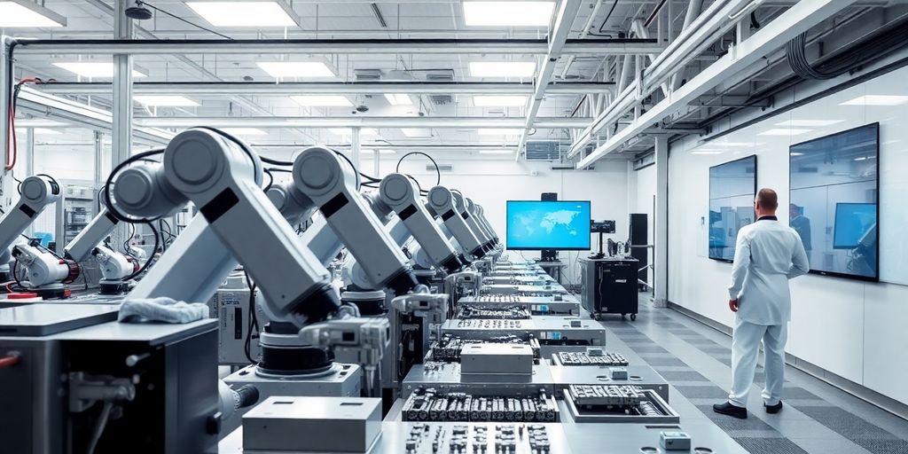 Modern factory floor, robots moving