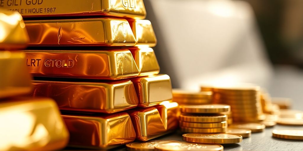 Lingots d'or empilés, pièces d'or brillantes