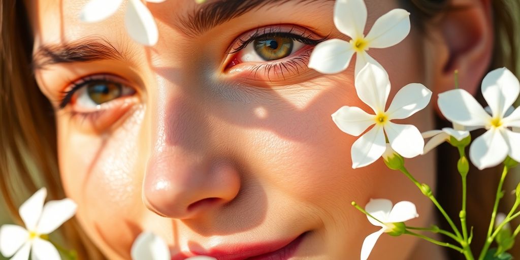 Woman with clear skin near summer flowers.