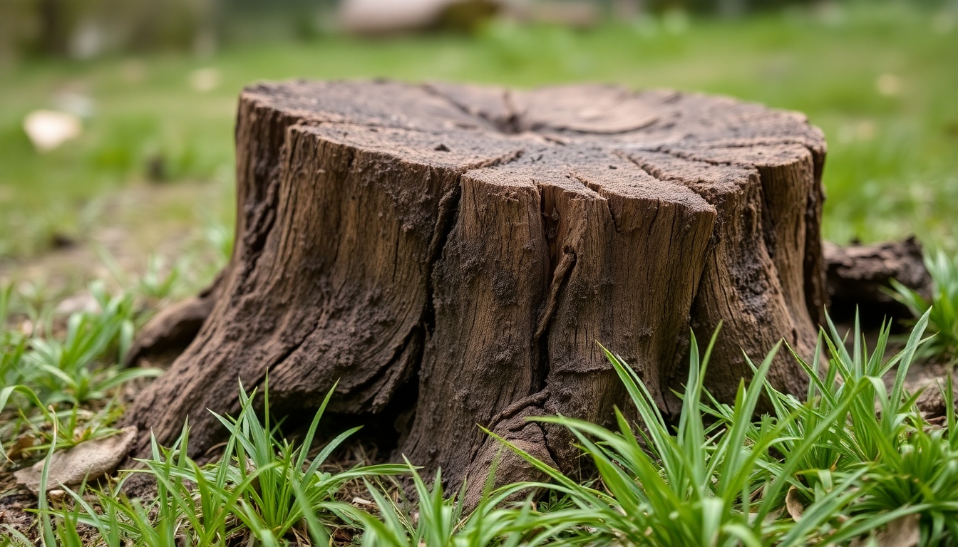 Decaying tree stump in a garden, showing rot and hazards.