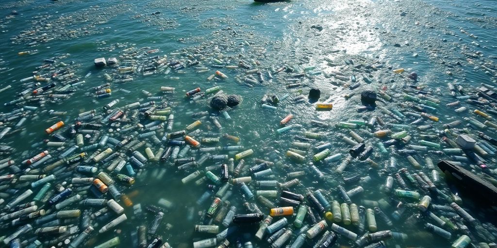 Bouteilles en plastique flottant dans l'eau bleue.