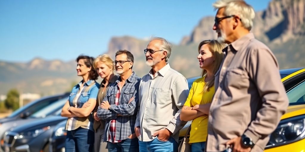 Group of people by cars in Utah's landscape.