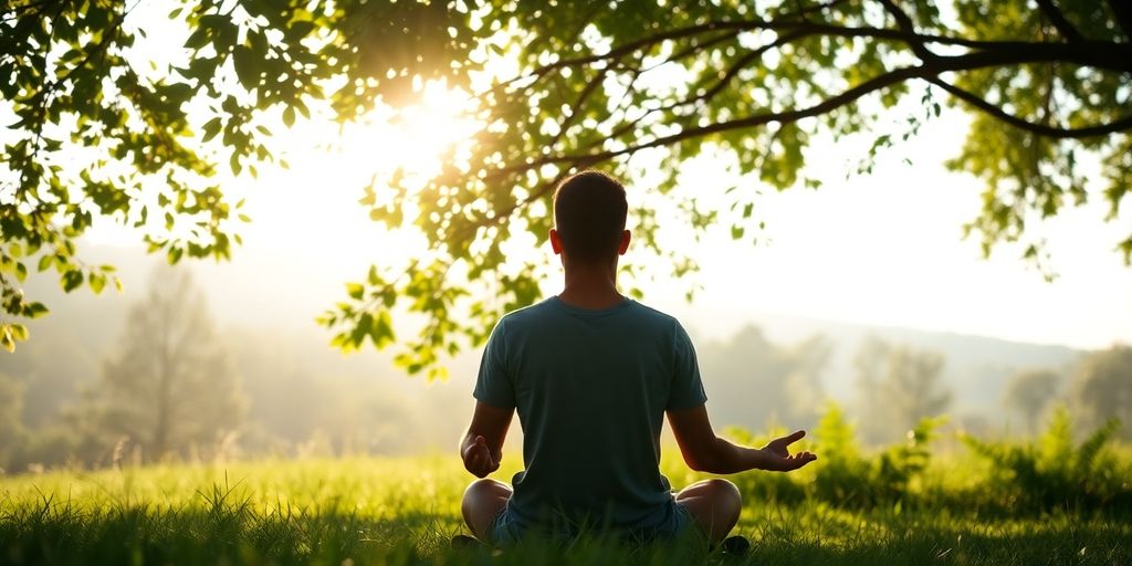 Man meditating in a tranquil outdoor setting surrounded by nature.