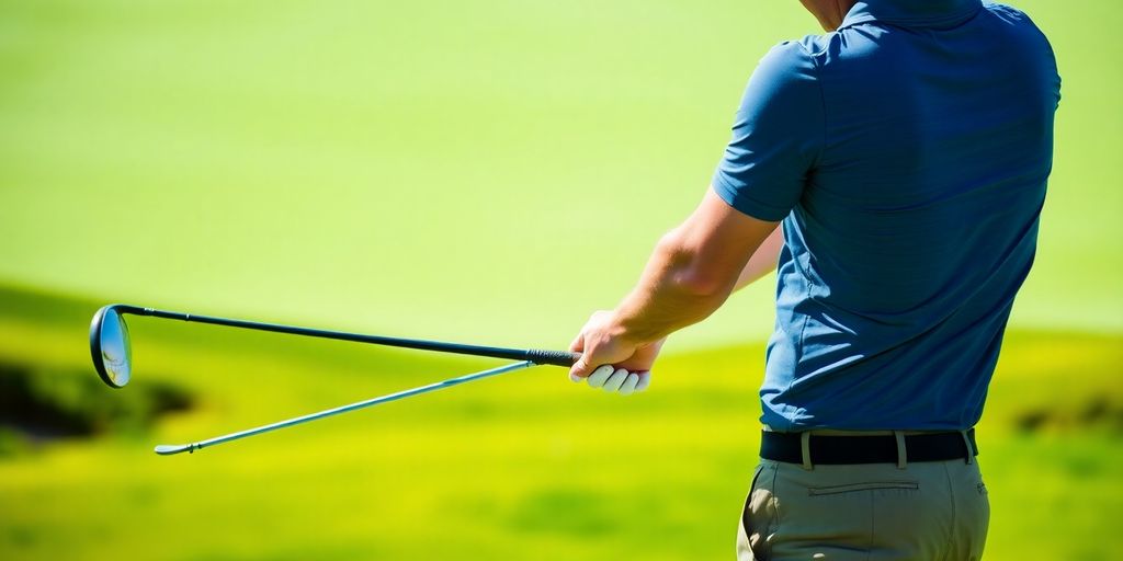 Golfer swinging club powerfully on a green course.