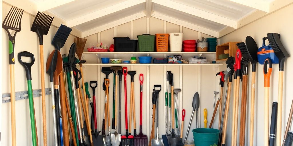 Organized shed with gardening tools and efficient storage.
