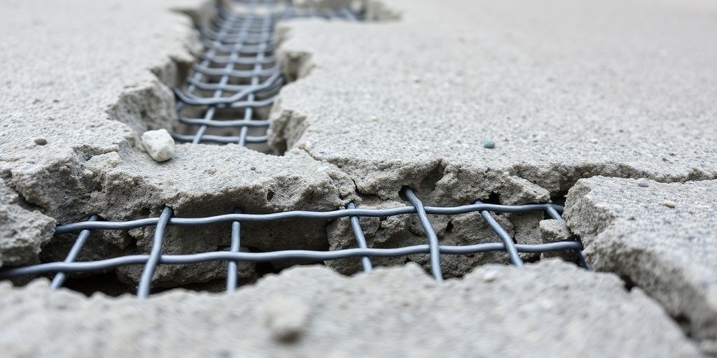 Close-up of concrete slab with welded wire mesh.