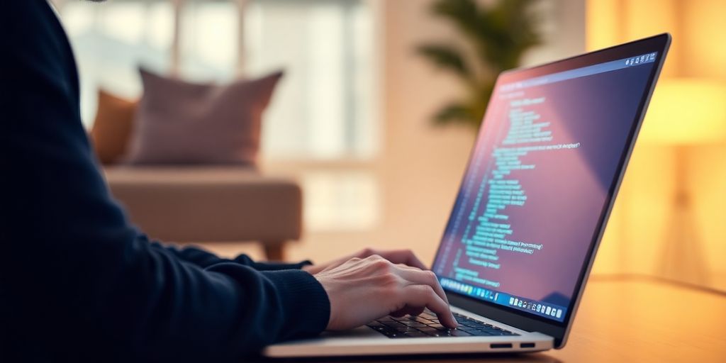Person coding with glowing laptop