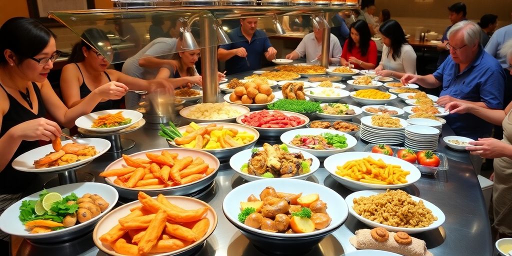 Colorful buffet spread with diverse food options.
