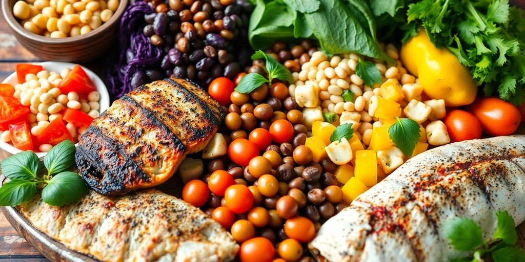 Mediterranean diet protein sources on a rustic table.