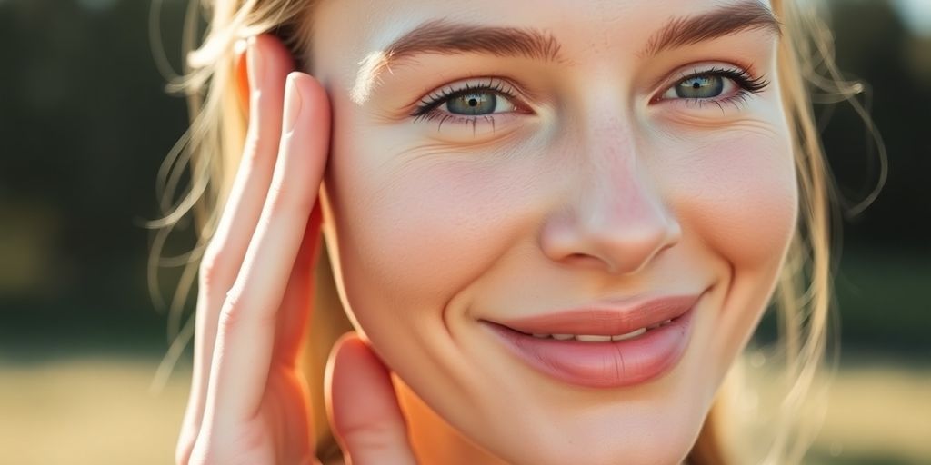 Woman with clear, glowing skin touched by natural light.