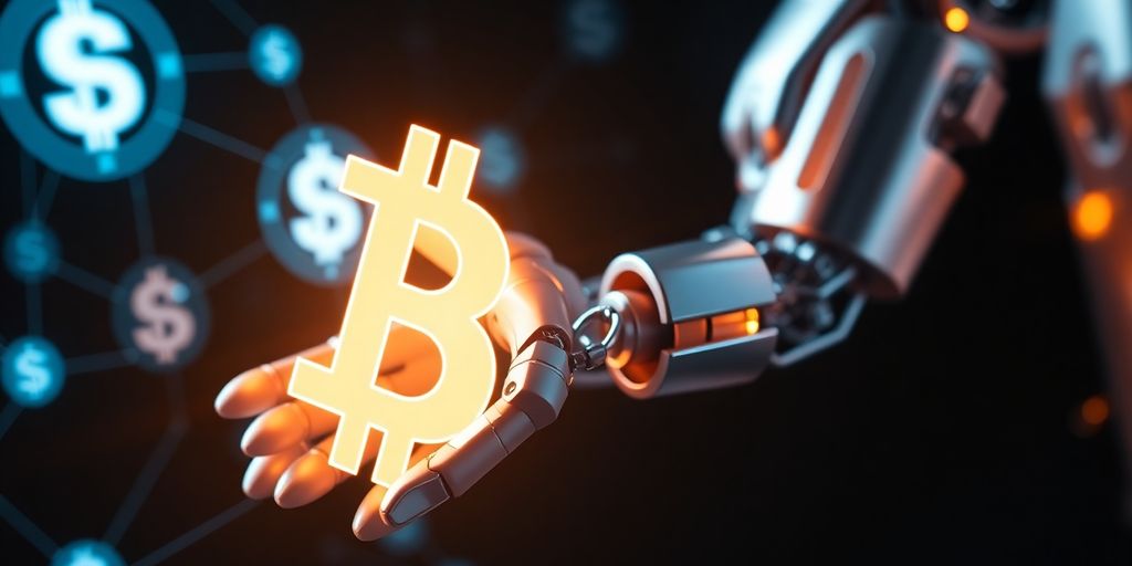 Futuristic robotic arm manipulating glowing digital currency symbols.