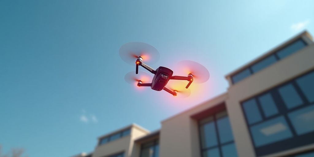Drone avec caméra thermique survolant un bâtiment.