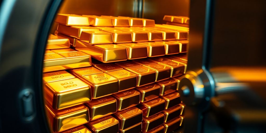 Lingots d'or brillants dans une chambre forte sécurisée.