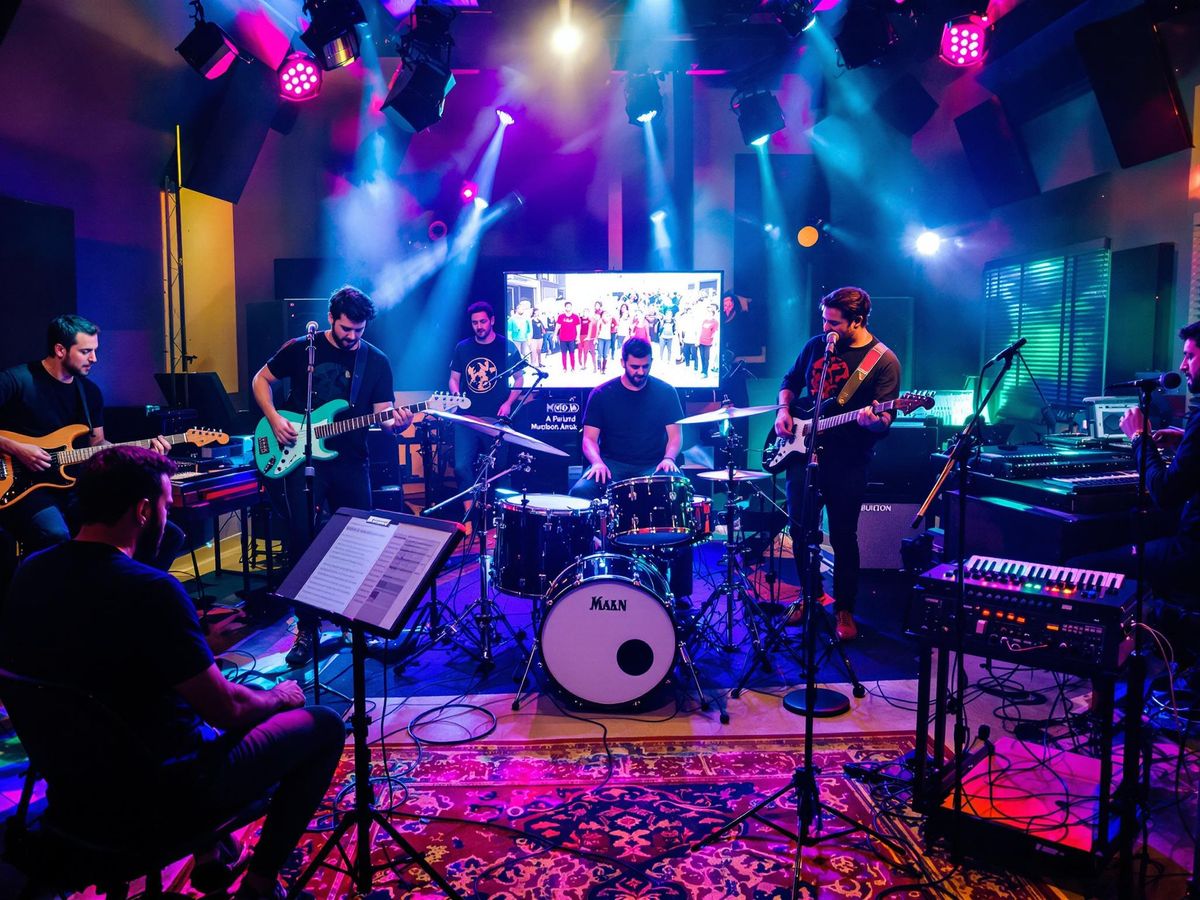 Musicians collaborating in a colorful studio setting.