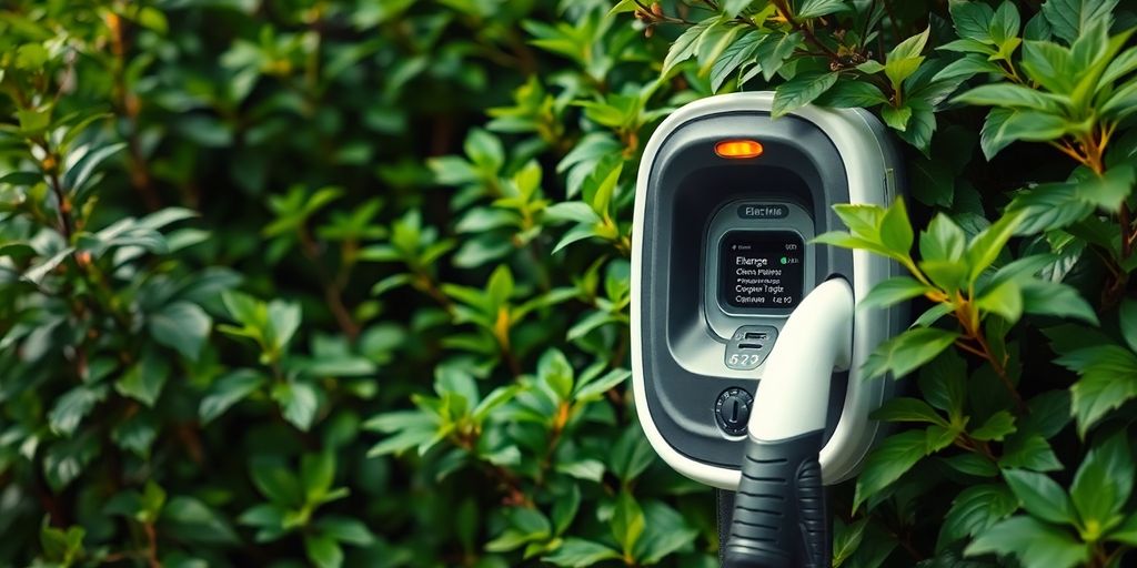 Electric vehicle charging point in a green environment.