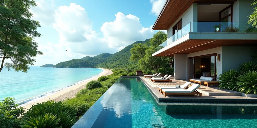 Luxurious Samui properties with beach views and greenery.
