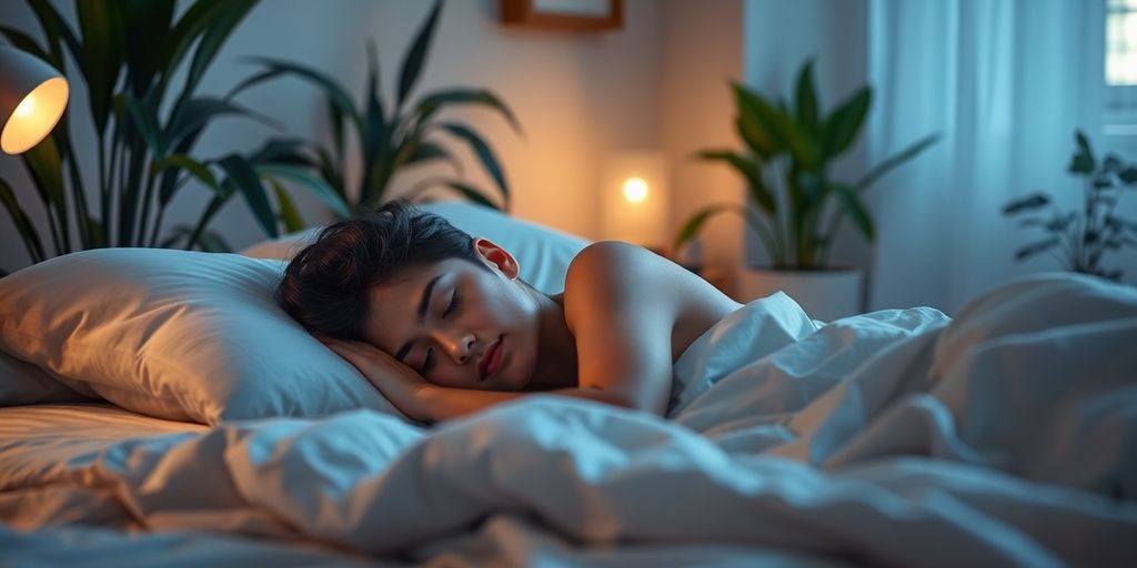 Person sleeping peacefully in a calming bedroom setting.