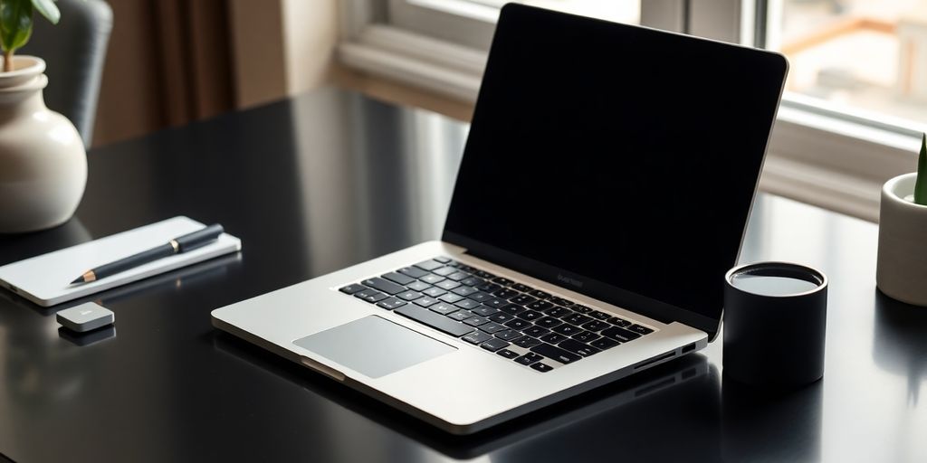 صورة لجهاز ماك بوك اير M2 على مكتب أنيق