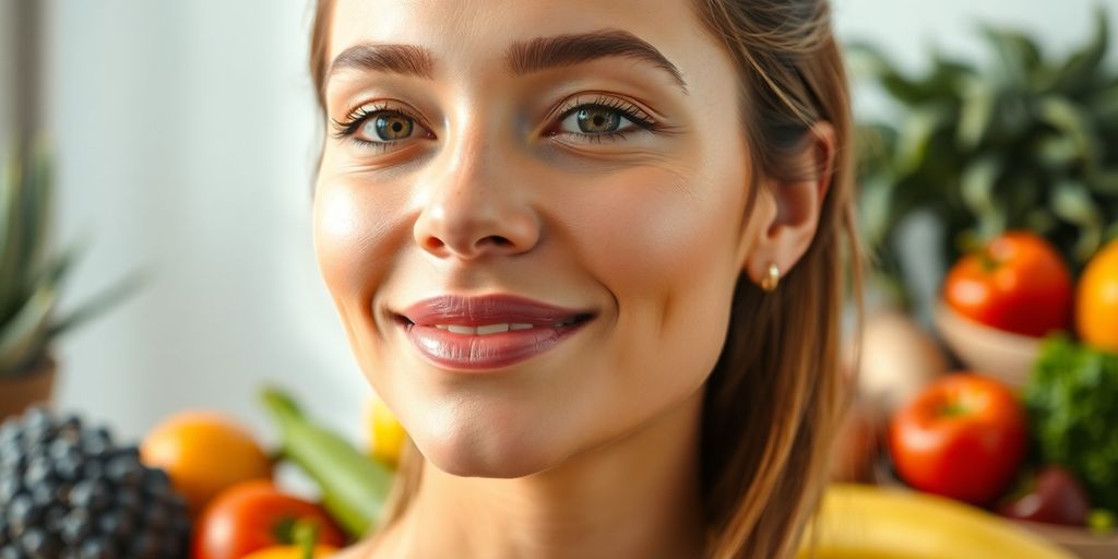 Woman with flawless skin, surrounded by fresh fruits.