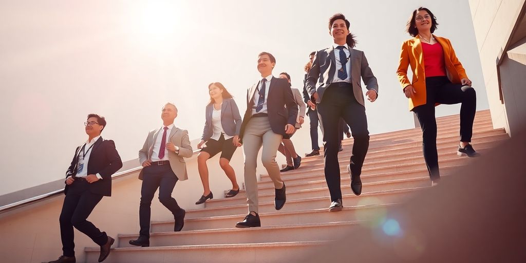 Financial professionals ascending a career ladder.