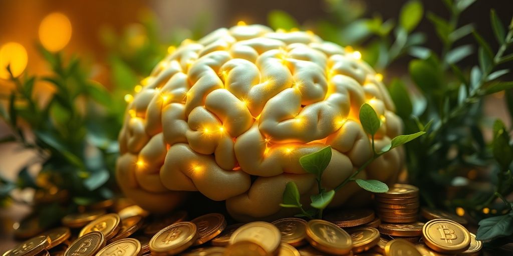 Brain with glowing neurons and gold coins around it.