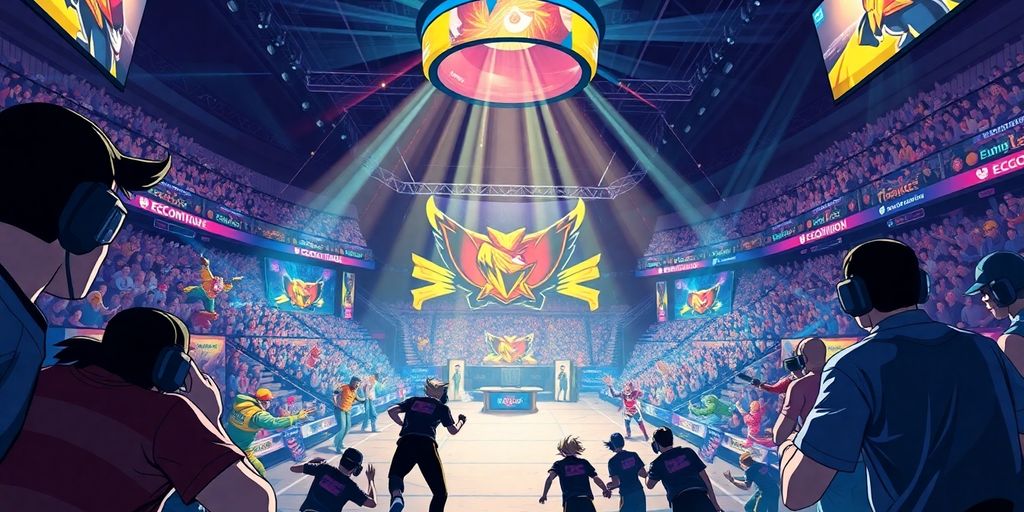 Vibrant esports arena with glowing players in action.