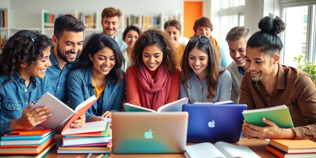 Grupo de pessoas estudando inglês com livros e laptops.