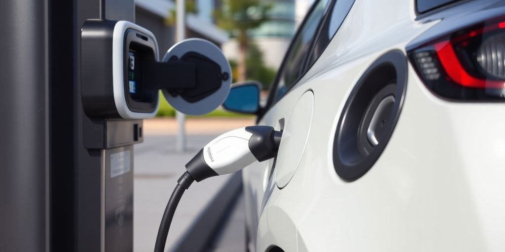 Electric vehicle charging at a station in a city.