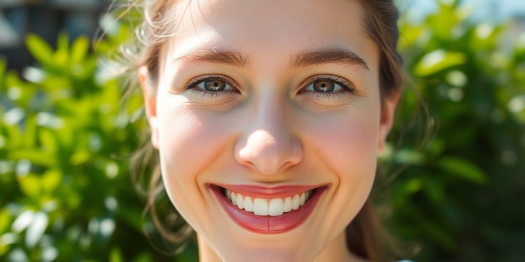 Person smiling confidently, sunlit, vibrant outdoor setting.