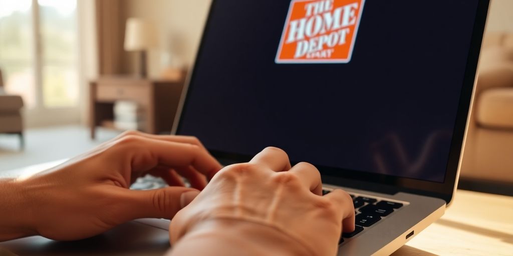 Person using laptop for Home Depot support.