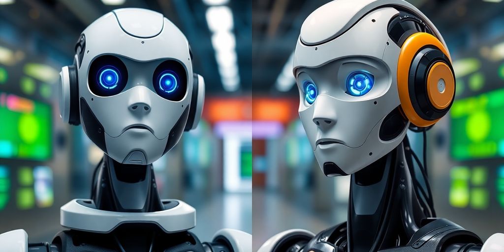 Two AI robots compared in a modern tech setting.