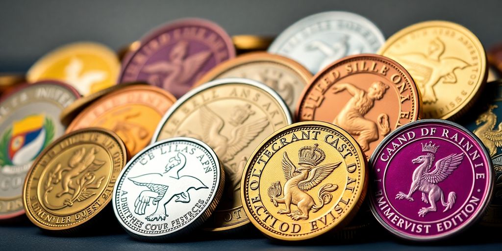 Assorted commemorative coins displayed in an elegant arrangement.