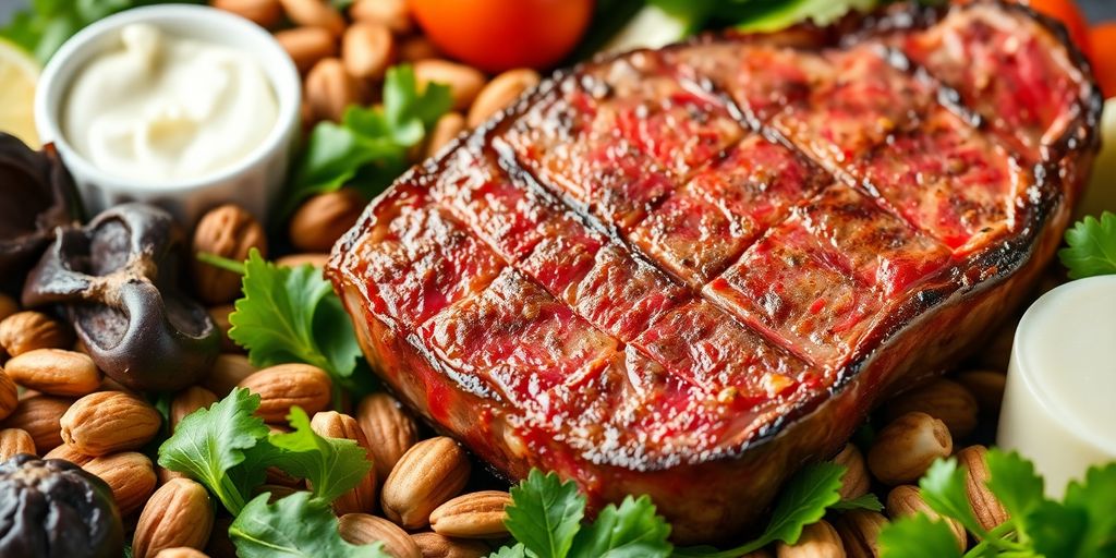 Juicy steak with greens and nuts for bone health.