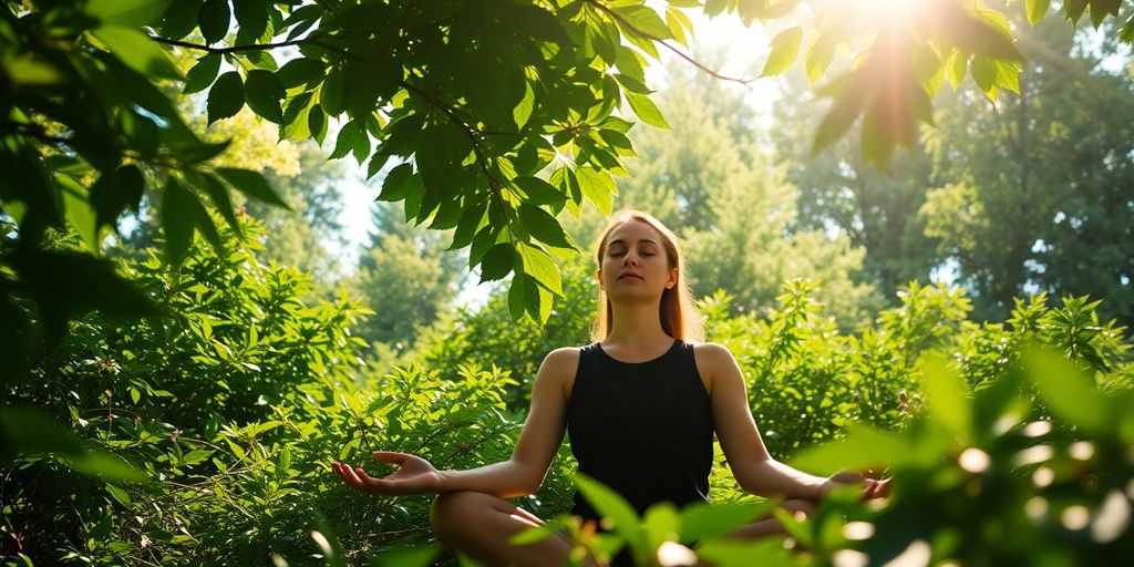 Person meditating peacefully in a serene natural setting.