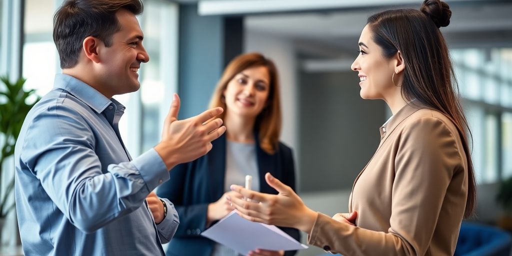 Unser Leadership-Stil: Wie wir unsere Mitarbeiter unterstützen und fördern Ein Mann in einem professionellen Gespräch mit einer Handgeste.