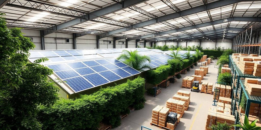 Modern sustainable warehouse with solar panels and greenery.