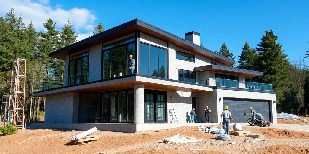 Construction workers building a modern home in Collingwood.