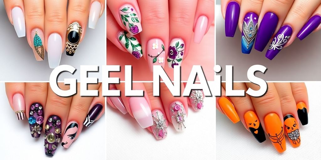 Unhas em gel decoradas com designs coloridos e elegantes.