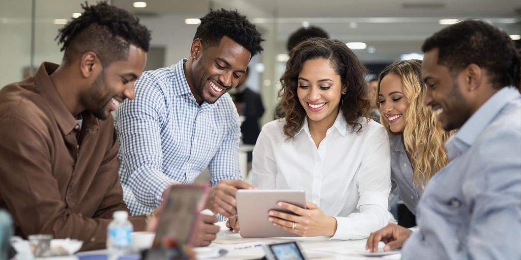 Mangfoldig gruppe mennesker med digitale enheter.