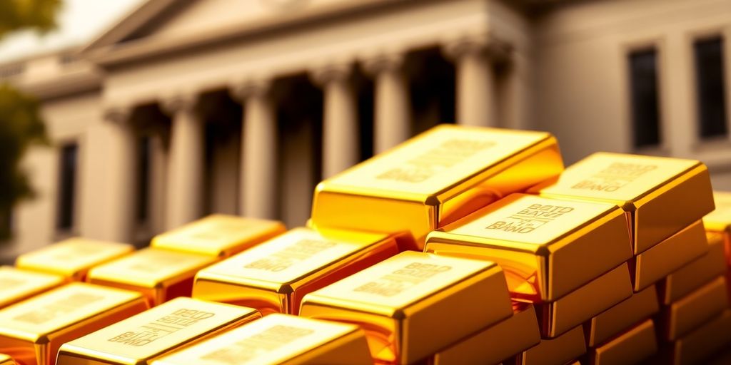 Des lingots d'or empilés près d'une banque centrale.