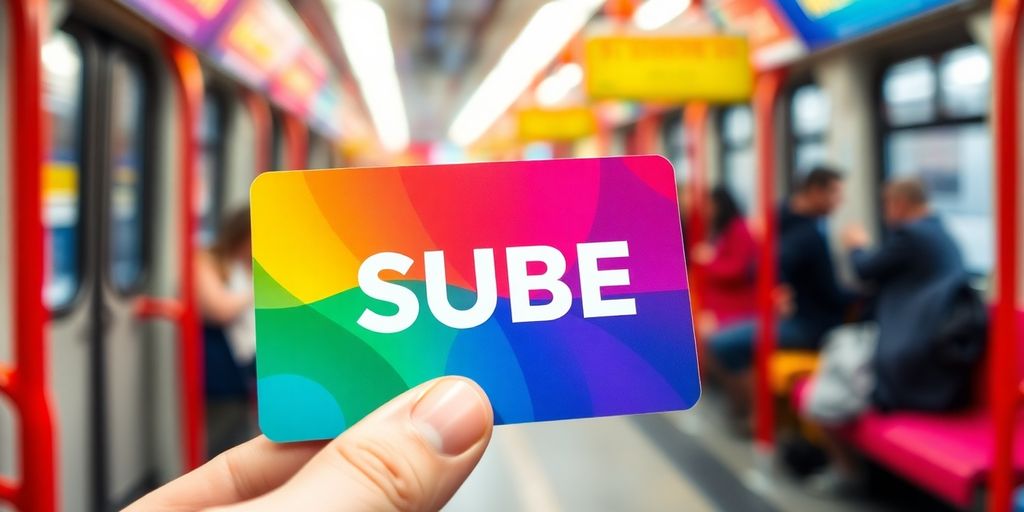Tarjeta SUBE em mão, fundo de transporte público desfocado.