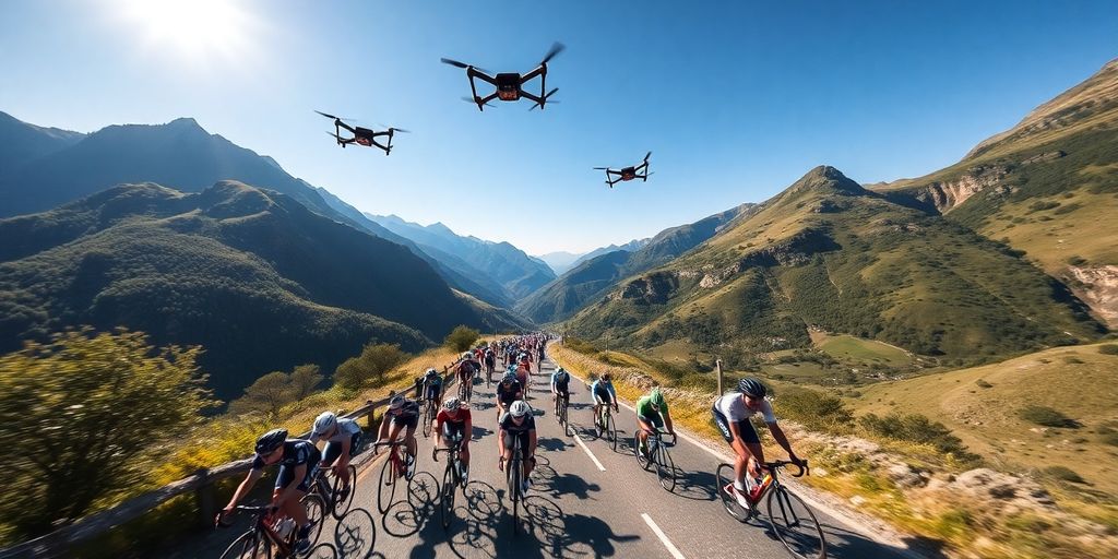 Course cycliste, drones dans le ciel, montagnes françaises.