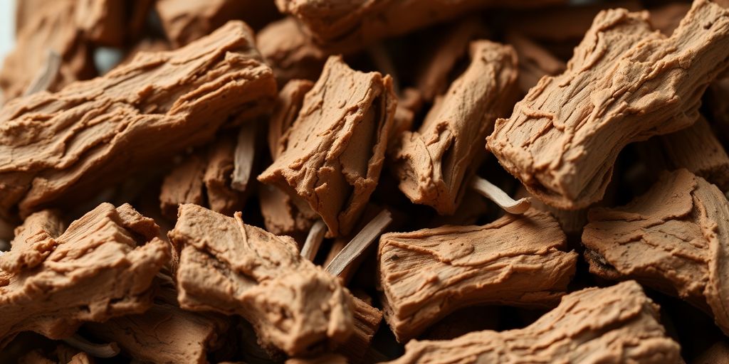 Dried valerian root pieces arranged for a natural remedy.