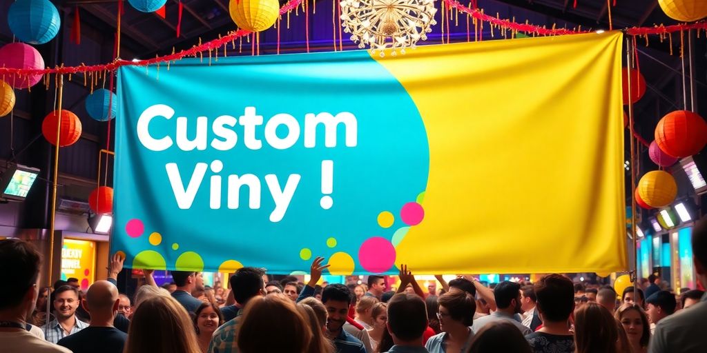 Colorful custom vinyl banners at a lively event.