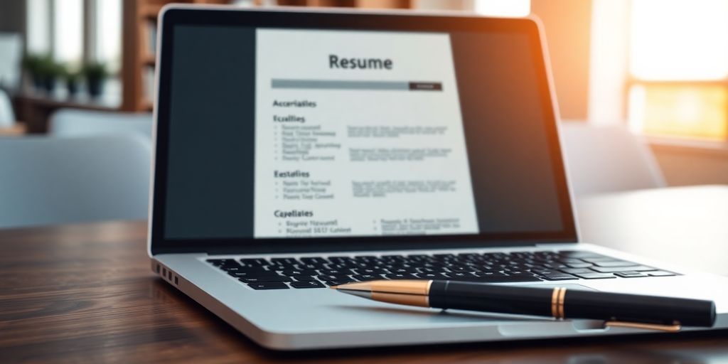 Resume on a laptop with a pen.