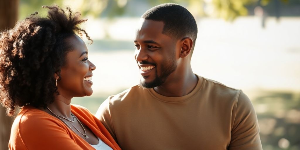 Couple sharing a warm, intimate moment outdoors.