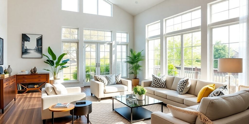 Modern remodeled living room with bright decor and furniture.