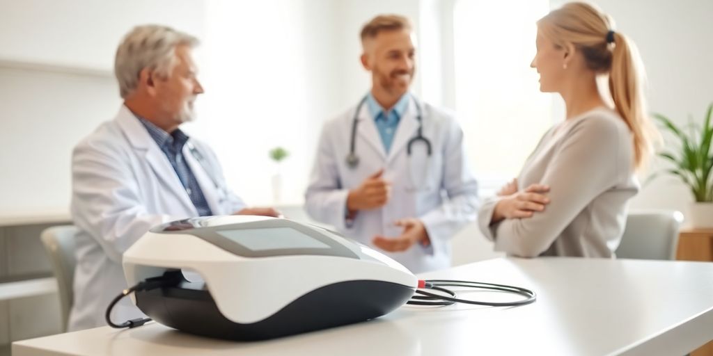 Doctor, patient, medical device, healthcare setting.