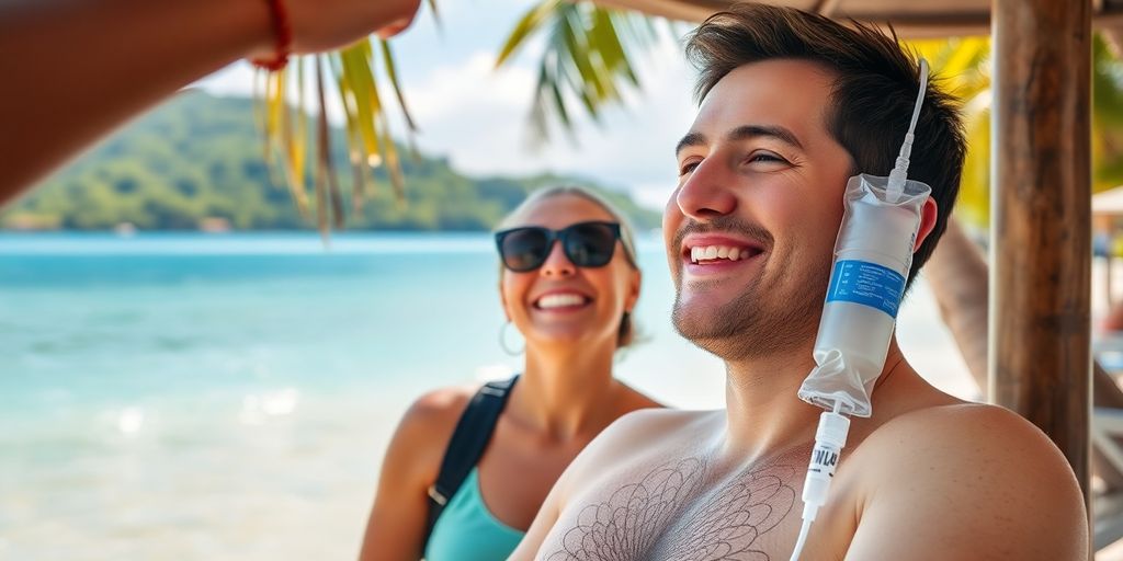 Tourist relaxing with IV drip, beach backdrop.